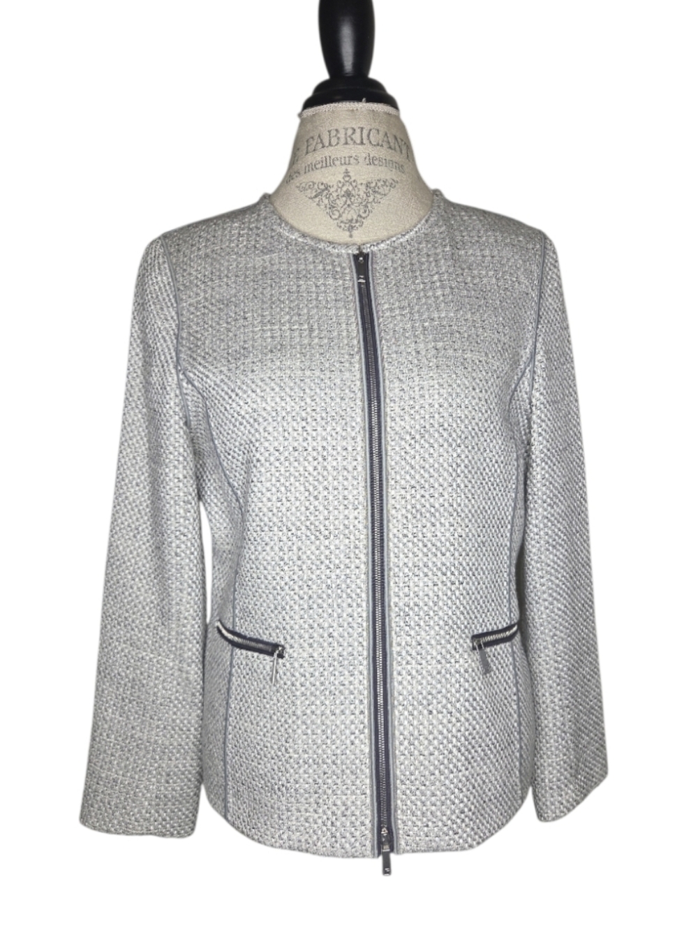Lafayette 148 New York Kerrington Tweed Gray White Zip Front Jacket Size M